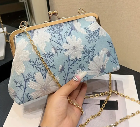 Blue Floral Pastel Embroidered Kiss-lock Crossbody