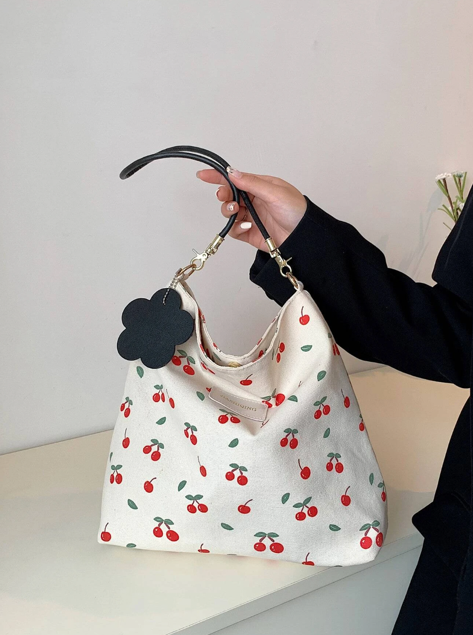 Brown Bucket Bag With Cherry Design Bag Charm Fashionable Litchi Embossed  PU